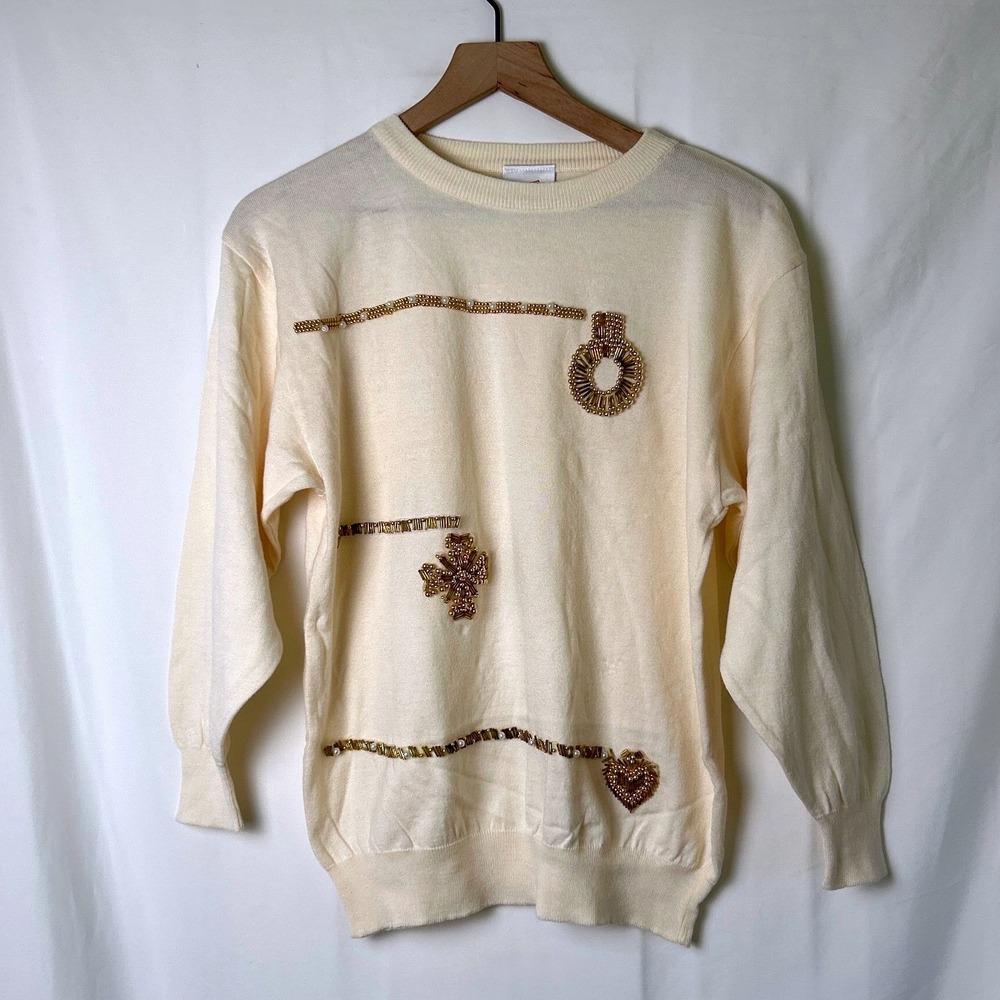 Mondi Womens Vintage Beaded Embellished Wool Cotton Sweater Size 36/S Cream